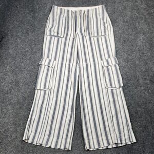 Pilcro Pants Womens 30 Blue White Striped Linen Cotton Wide Leg Cargo Drawstring